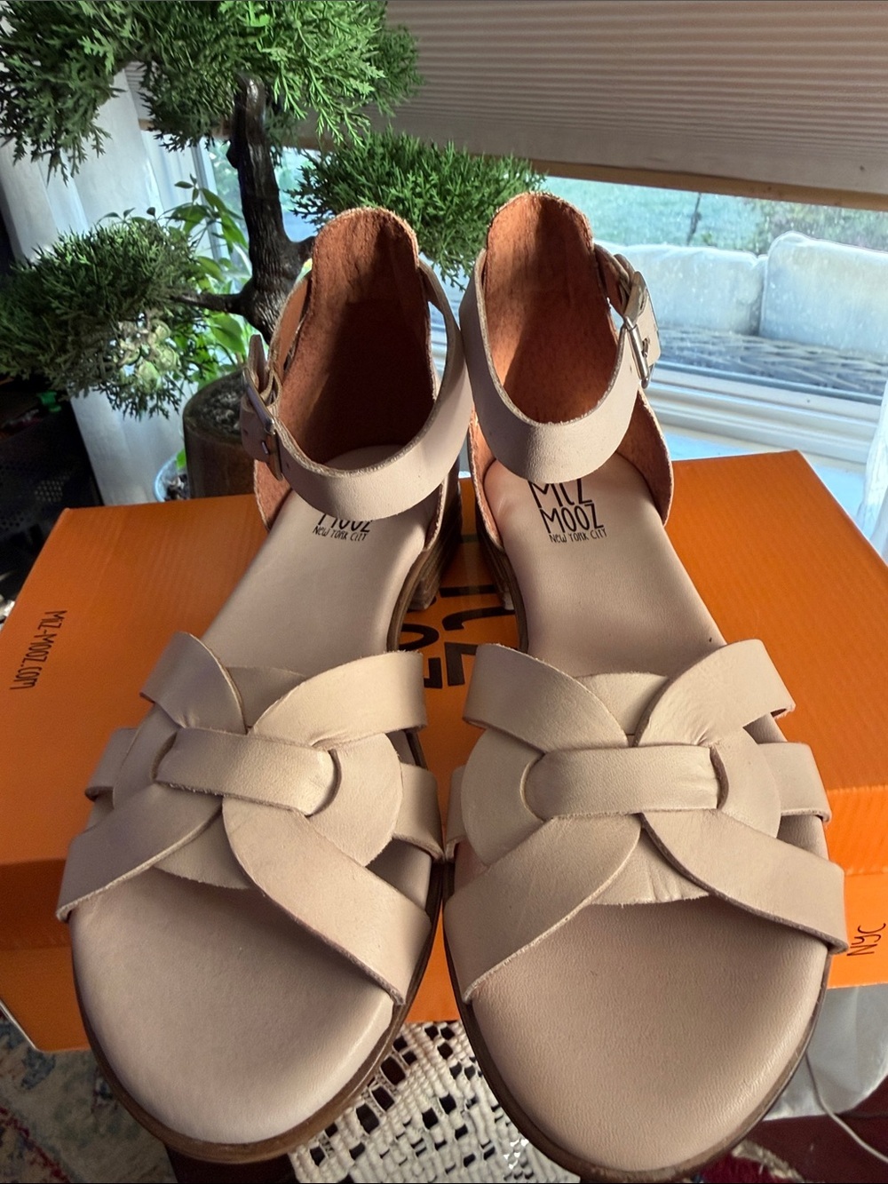 Miz Mooz Cream Braided Leather Ankle-Strap Sandals